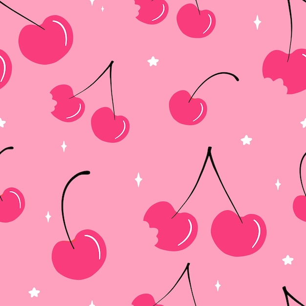 Vector cute cherry and stars seamless pattern on pink background