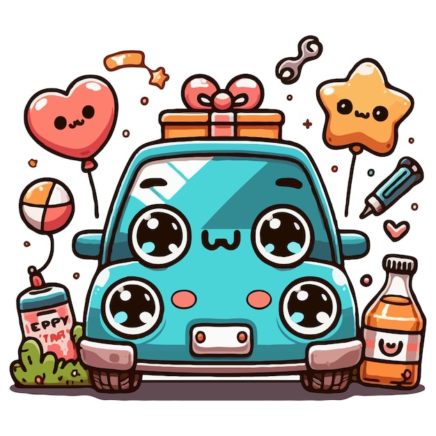 Cute chibi car picture Cartoon happy drawn characters High quality illustration