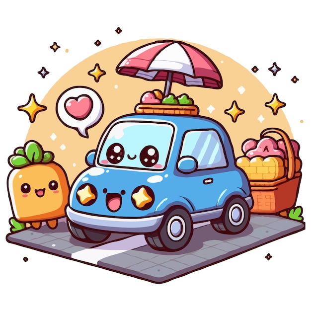 Cute chibi car picture Cartoon happy drawn characters High quality illustration