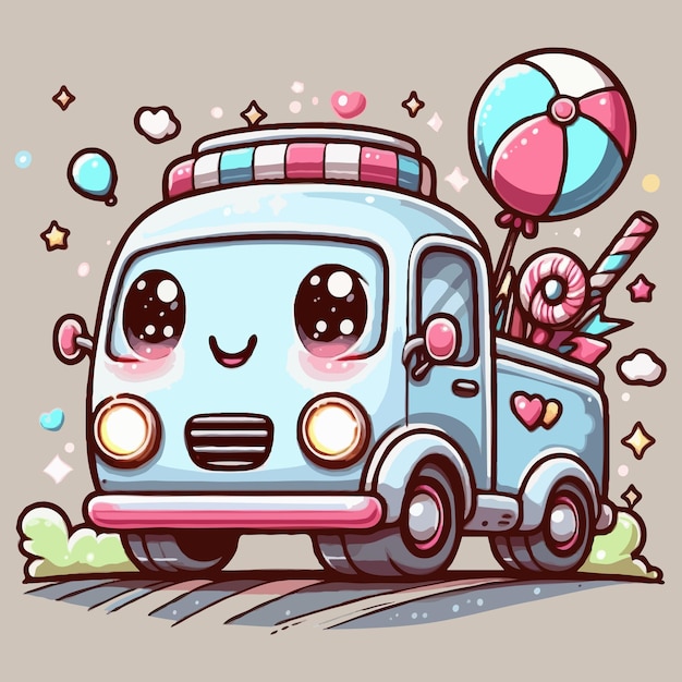 Cute chibi car picture Cartoon happy drawn characters High quality illustration