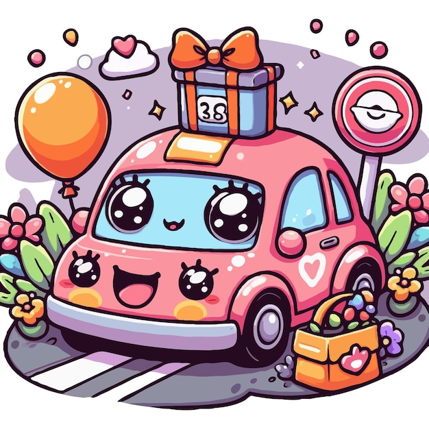 Cute chibi car picture Cartoon happy drawn characters High quality illustration