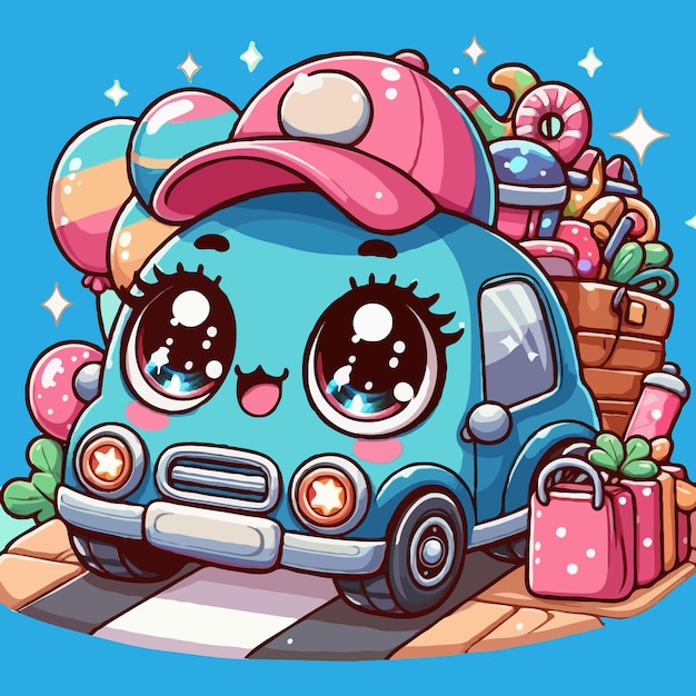 Cute chibi car picture Cartoon happy drawn characters High quality illustration