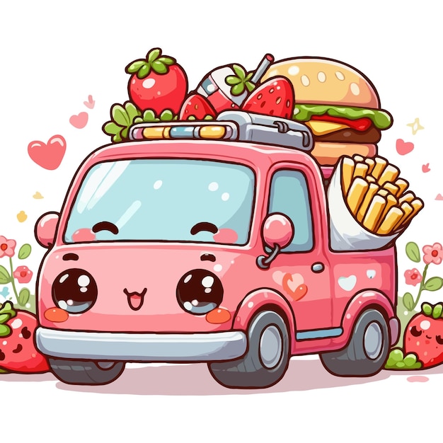 Cute chibi car picture Cartoon happy drawn characters High quality illustration