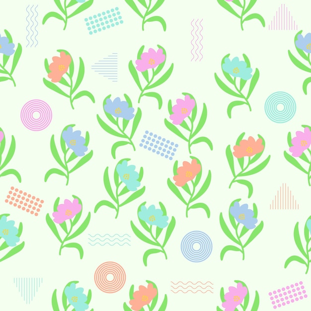 Cute chibi floral flowers soft colorful seamless pattern doodle kids baby kawaii cartoon