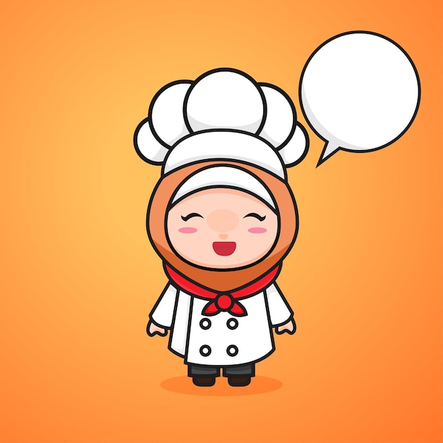 Cute chibi kawaii muslimah girl chef cartoon lineart style