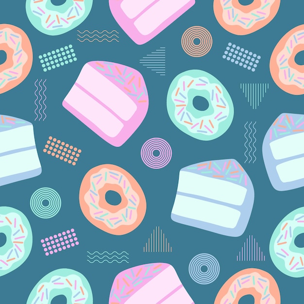 Cute chibi sweet foods cakes donuts soft colorful seamless pattern doodle kids baby kawaii cartoon