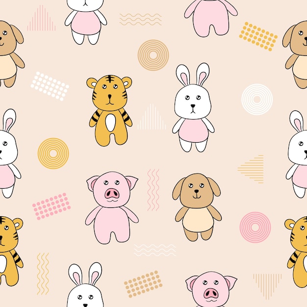 Cute chibi tiger dog rabbit piglet seamless pattern doodle kids baby cartoon Premium Vector