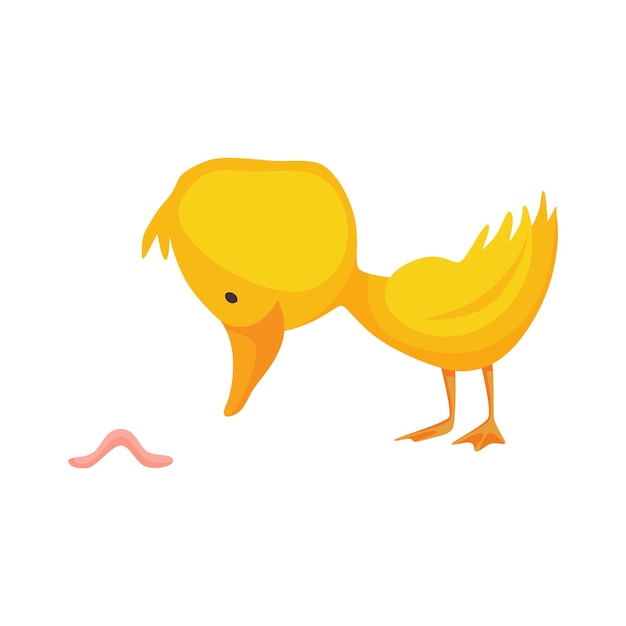 Cute chick. Baby cartoon yellow vector duck. Bird child character in funny facial expression, pose and gesture for graphic design. Catching worm.