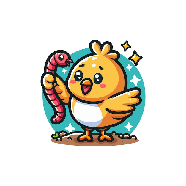 Cute chick eating worm cartoon vector icon illustration animal nature icon concept isolated flat