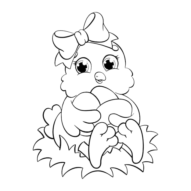 A cute chick is holding Easter eggs Coloring book page for kids Cartoon style character