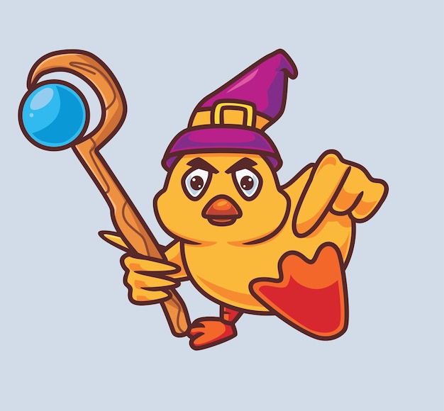 Cute chick wizard holding stick Isolated cartoon animal Halloween illustration Flat Style