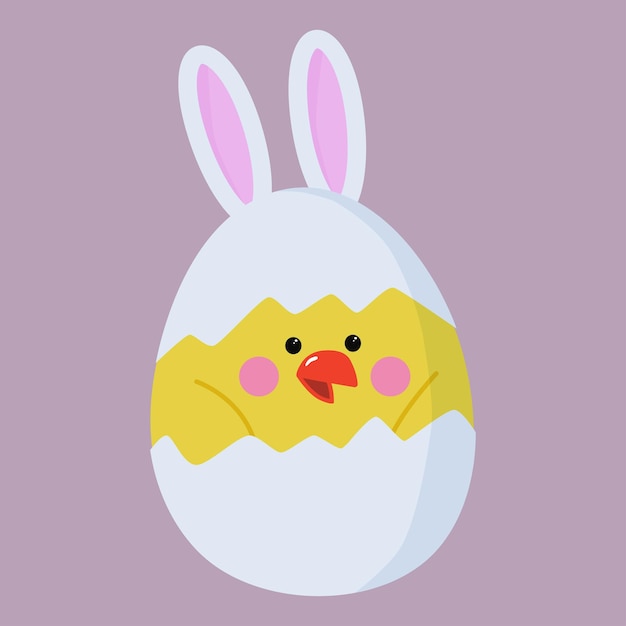 Cute chicken in an eggshell with rabbit ears multicolored vector clipart Easter card happy Easter