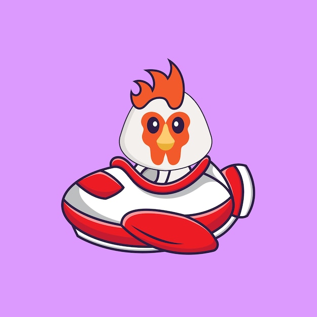 Cute chicken flying on a plane Animal cartoon concept isolated