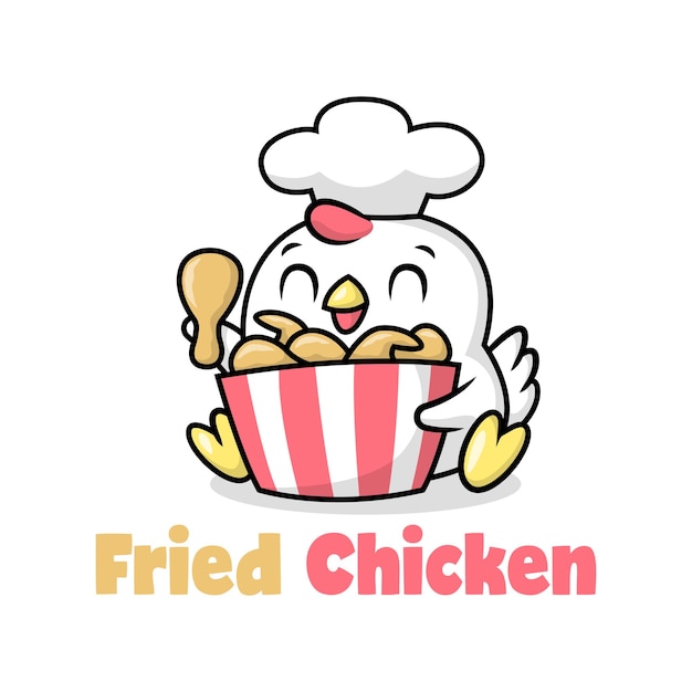 A CUTE CHICKEN IS WEARING A CHEF HAT AND BRINGING A BUCKET OF FRIED CHICKEN PREMIUM CARTOON LOGO