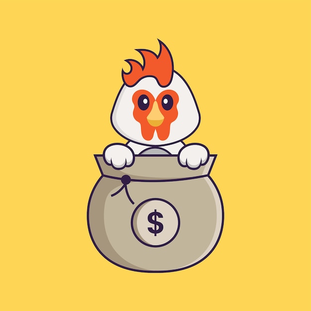 Cute chicken playing in money bag. Animal cartoon concept isolated. Flat Cartoon Style