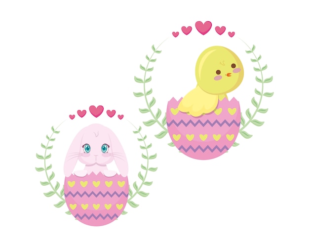 Cute chicken and rabbit of easter in eggs