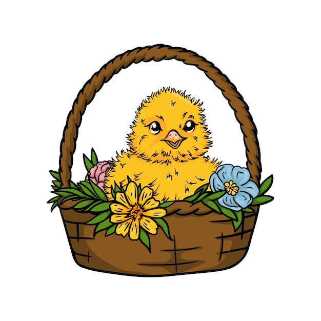 Cute chicken sitting in Easter basket with flowers Easter card Color holiday illustration