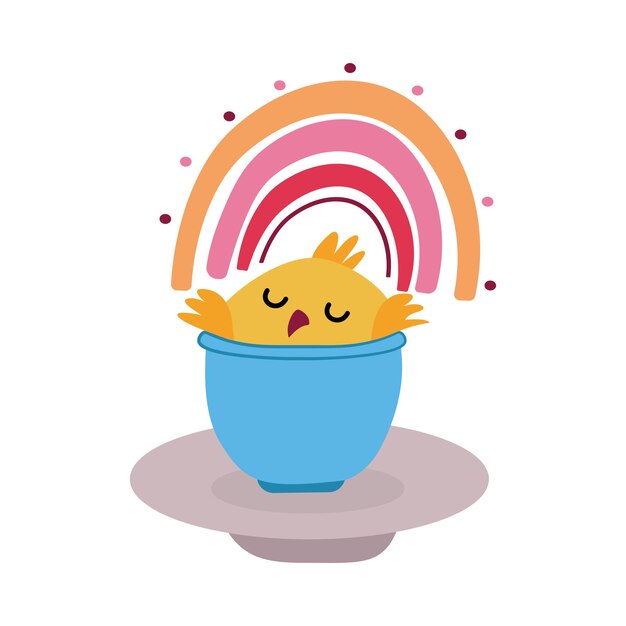 Cute chicken with a rainbow over its head sitting in the cup