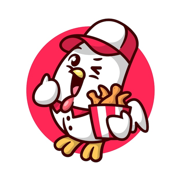 CUTE CHICKEN WITH UNIFORM IS BRINGING A BUCKET OF FRIED CHICKEN HIGH QUALITY CARTOON MASCOT DESIGN