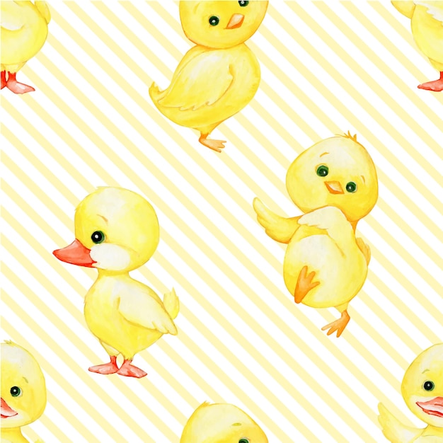 Cute chickens and a duckling in cartoon style on an isolated background Watercolor seamless pattern on a yellow background