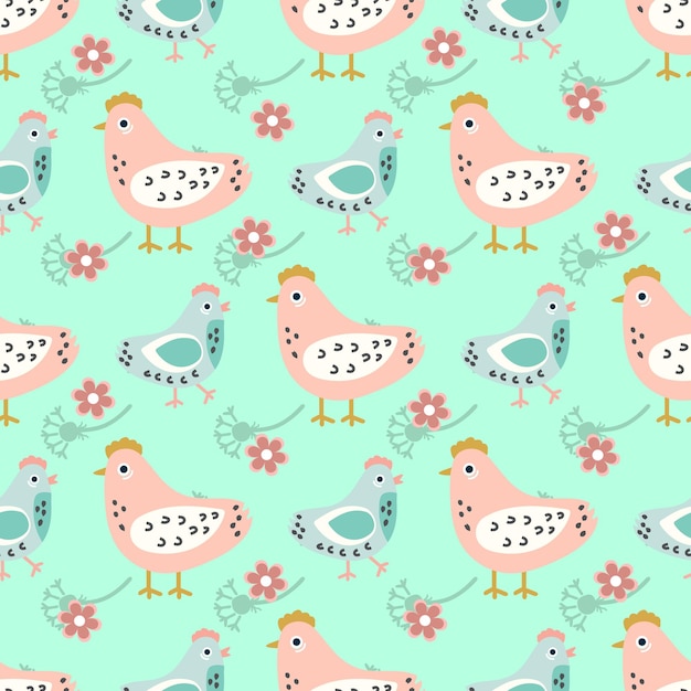 Cute chickens and flowers Seamless pattern