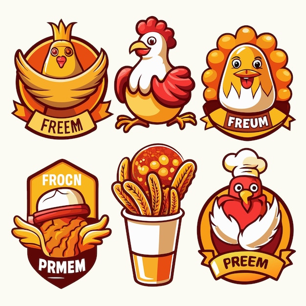 Vector cute chickenthemed fast food logos and icons adorable chicken characters for food branding