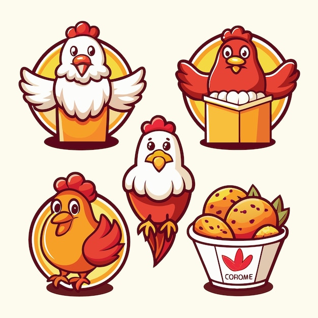 Vector cute chickenthemed fast food logos and icons adorable chicken characters for food branding