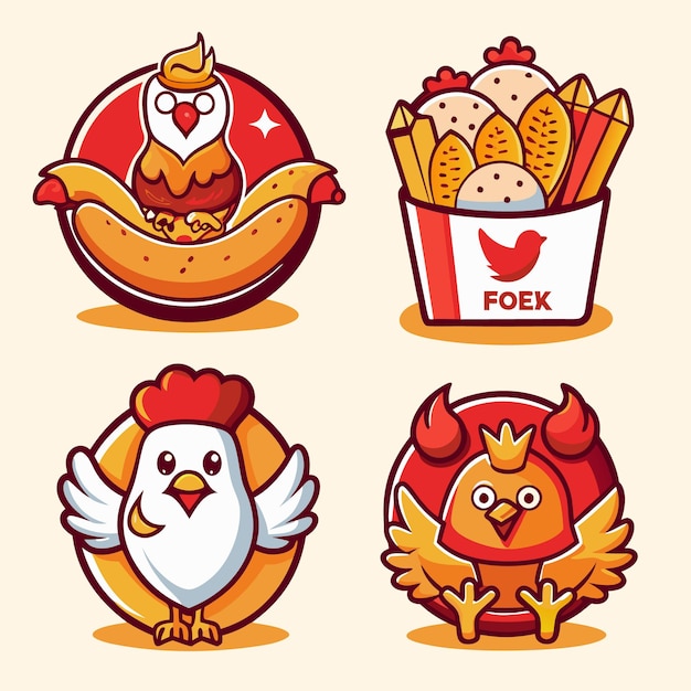 Vector cute chickenthemed fast food logos and icons adorable chicken characters for food branding