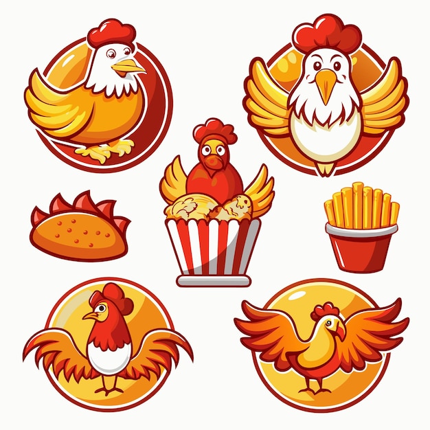 Vector cute chickenthemed fast food logos and icons adorable chicken characters for food branding