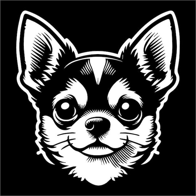 Cute Chihuahua dog head illustration black and white