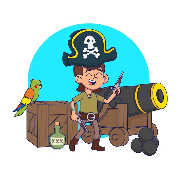 Cute child in a pirate costume in a pirate environment.  illustration.