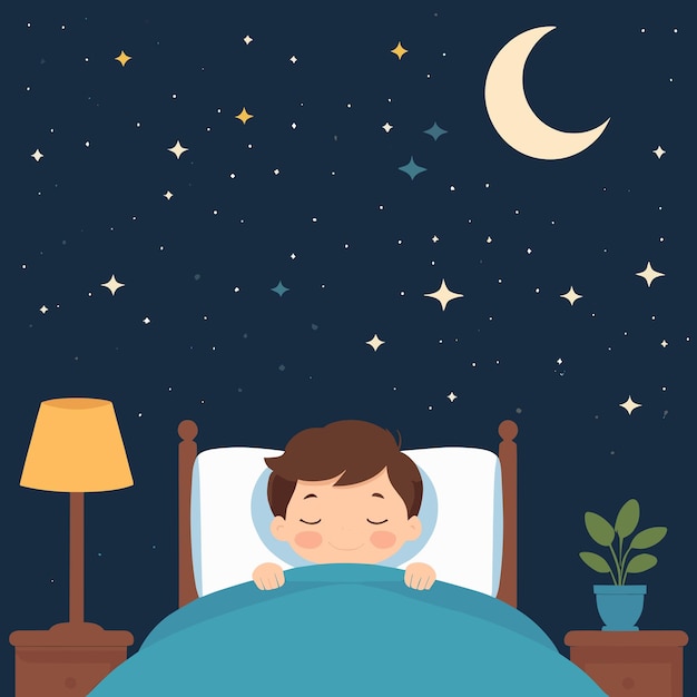 Cute child sleeping in bed with stars and moon on the background adorable children illustration