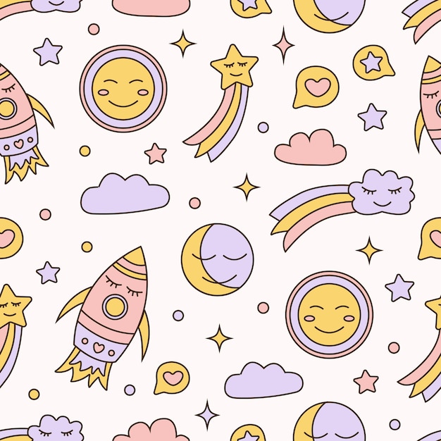 Cute childish cartoon night sky cosmos pattern in pastel tones on white background