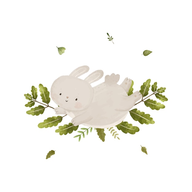 Cute childish composition with forest animal and leaves plants design and print