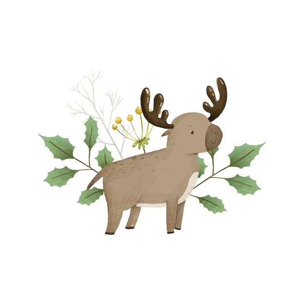 Cute childish composition with forest animal and leaves plants design and print