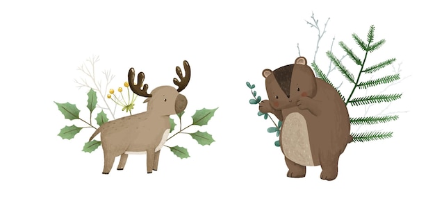 Cute childish composition with forest animal and leaves plants design and print