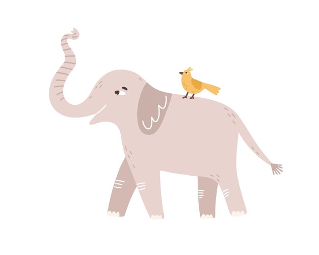 Cute childish gray elephant raising up trunk vector flat illustration. Little amusing bird sitting on back of huge wild animal isolated on white. Funny cartoon characters friends walking together.