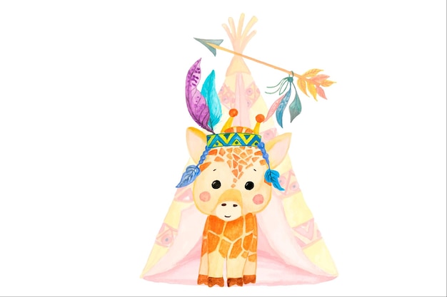 Cute childish illustrations of beasts in Indian costume.Feathers on the head.Brave ethnic India.