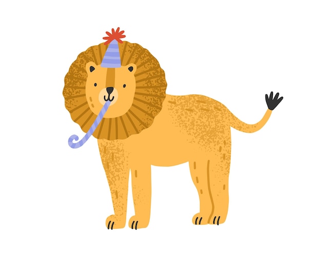 Cute childish lion in cone hat with festive pipe vector flat illustration. Funny animal celebrating holiday or birthday isolated on white. Feline character with fluffy mane for celebratory party.