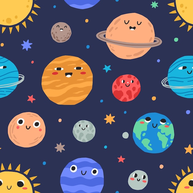 Cute childish planets and stars of solar system seamless pattern. Funny astronomical objects with orbits vector flat illustration. Cartoon universe with adorable cosmic celestial body.