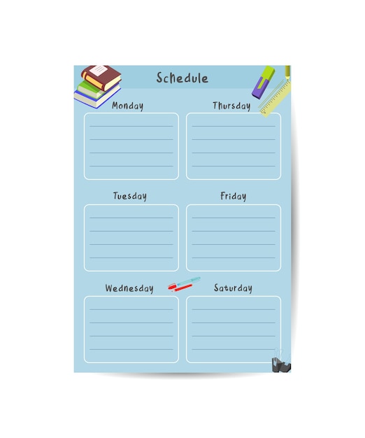 Cute childish school timetable weekly classes schedule for kids with school supplies Printable planner diary for student Stationery set for children To Do List