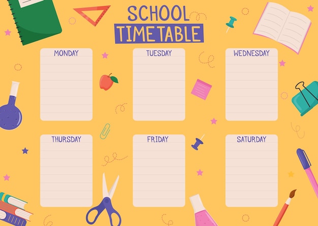 Cute childish school timetable weekly classes schedule for kids with school supplies