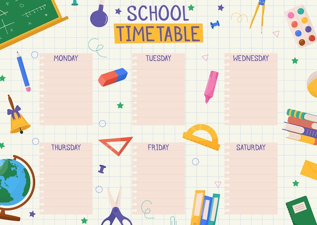 Cute childish school timetable weekly classes schedule for kids with school supplies