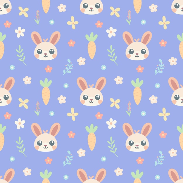 Cute childish seamless pattern with bunny carrot and flowers on a blue background