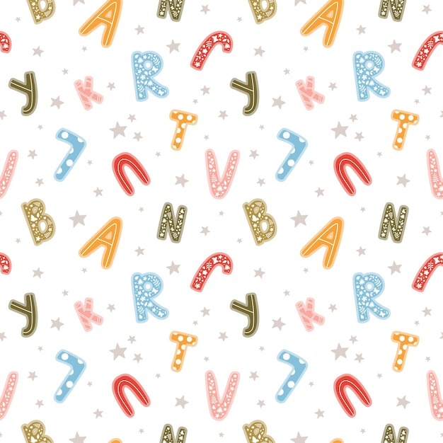 Cute childish seamless pattern with hand drawn textured English letters Funny vector print