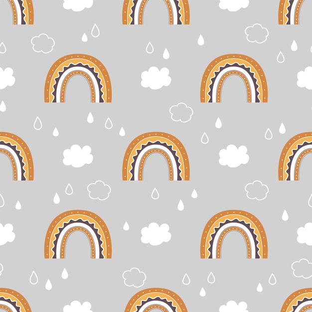 Cute childish seamless pattern with rainbow clouds and rain in the sky