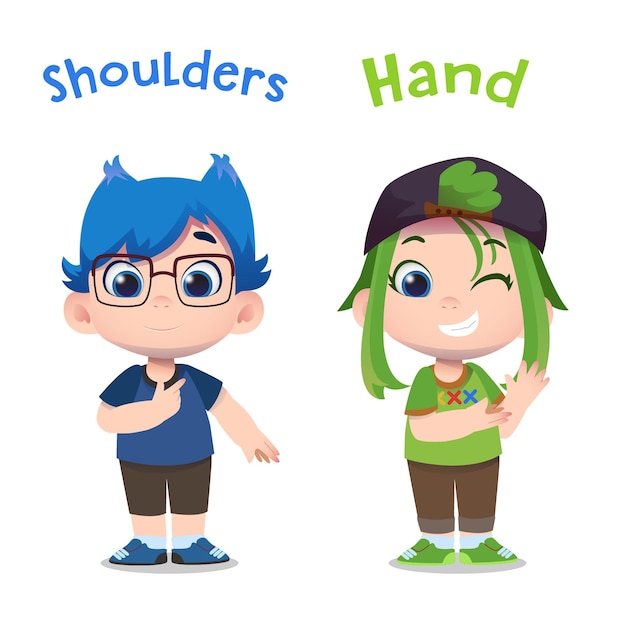 Cute children characters pointing hand and shoulders