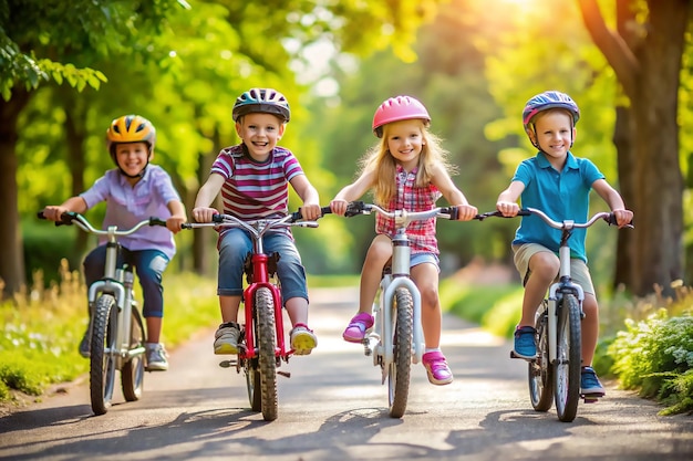 cute children cycling in summer park