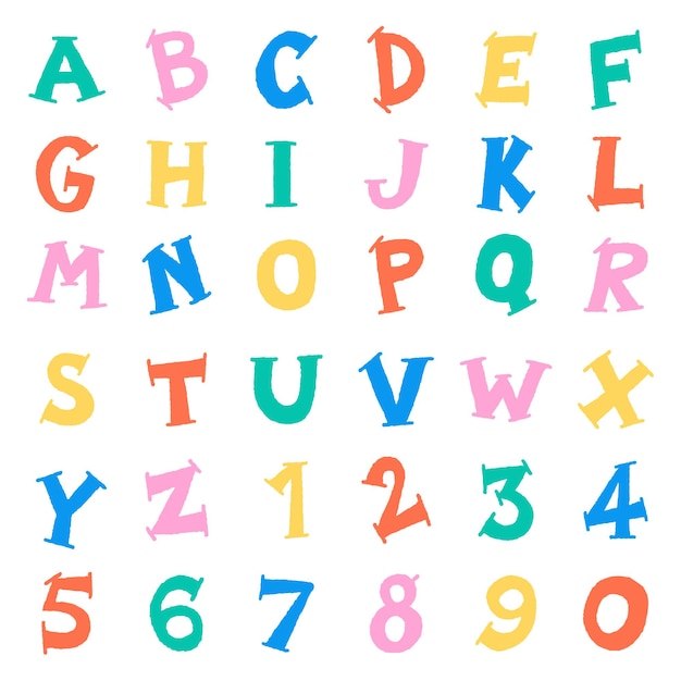 Cute Children Font Cartoon Hand Drawing Colorful All Cap English Alphabet Numeric Character Set