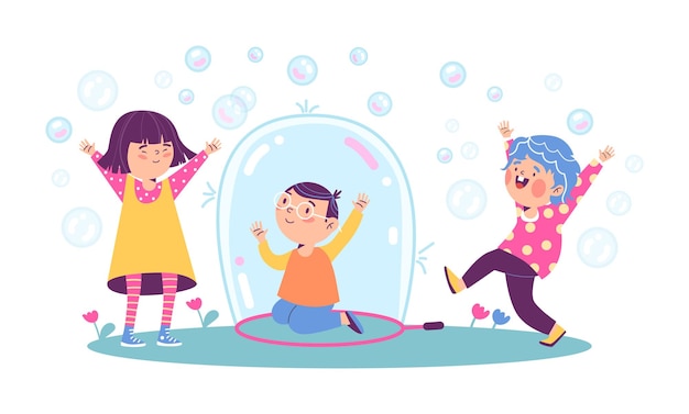 Cute children playing outdoor with soap bubbles flat vector illustration isolated on white backgroun